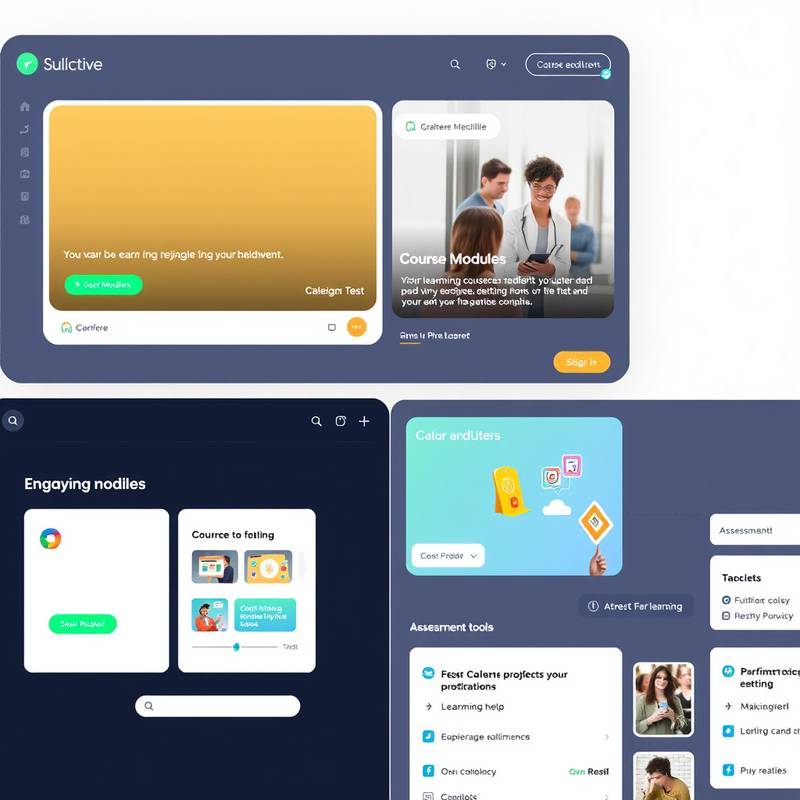 Capture d'écran d'une plateforme d'apprentissage en ligne (e-learning) avec des cours interactifs et des modules d'évaluation.
