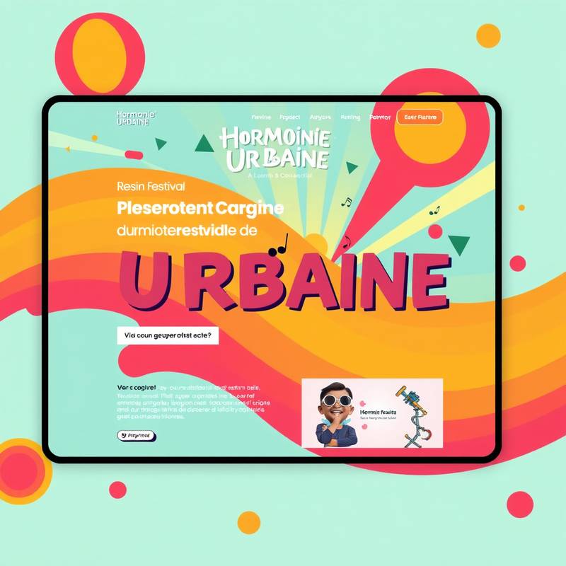 Maquette du site web pour le festival de musique 'Harmonie Urbaine', avec des couleurs vives et des éléments graphiques dynamiques.