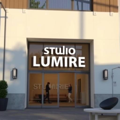 Photo de l'extérieur du Studio Lumière, montrant l'entrée et le logo.
