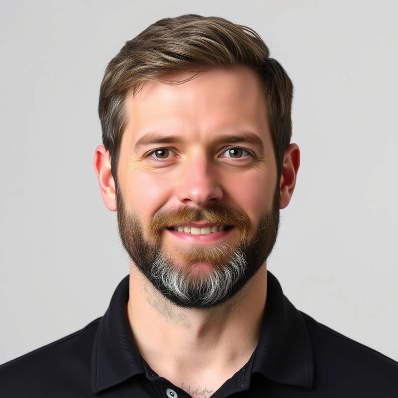 Portrait de Marc Leclerc, développeur web senior chez Studio Lumière, arborant une barbe soignée et un polo noir.