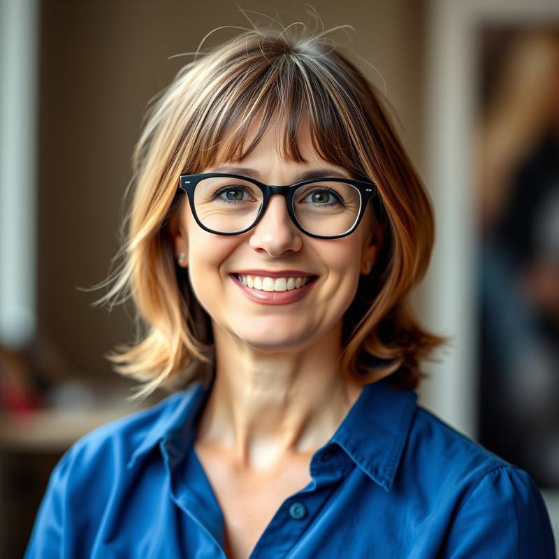 Portrait souriant de Sophie Dubois, directrice artistique de Studio Lumière, portant des lunettes et un chemisier bleu.