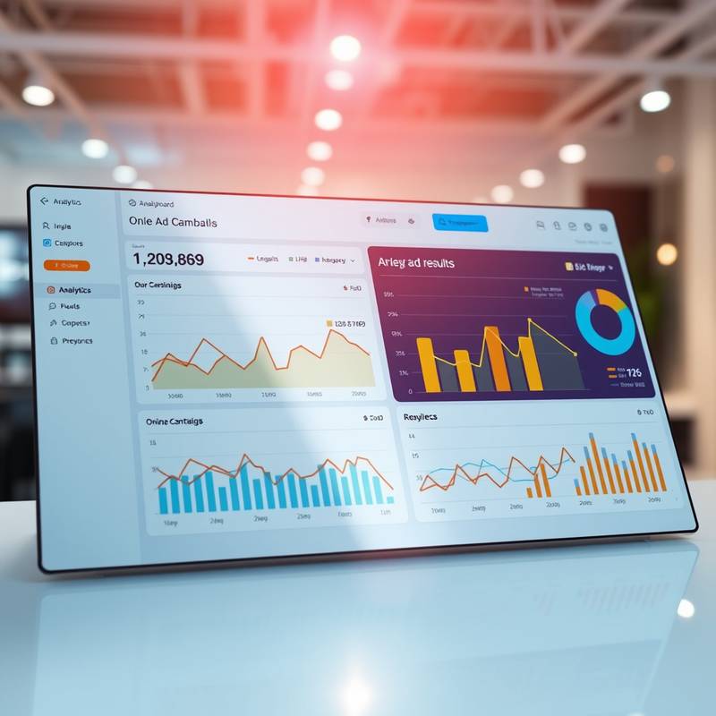 Tableau de bord analytique montrant les résultats d'une campagne de publicité en ligne, avec des graphiques et des indicateurs clés de performance (KPI).